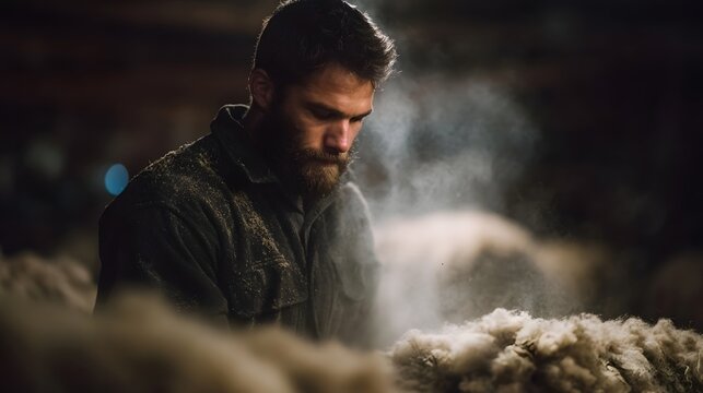 Sheep shearing by a farmer in a rustic barn setting