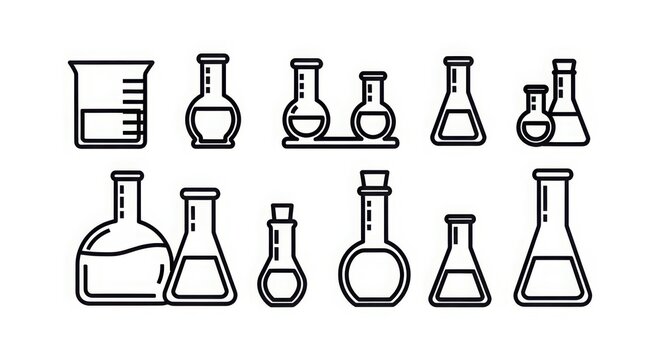 Collection of chemical laboratory glassware icons representing scientific experiments and research equipment