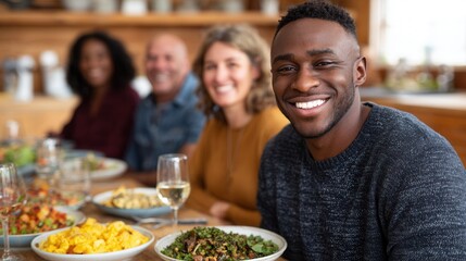 Obraz premium A group of friends sharing a joyful meal in a warm, inviting setting. Laughter and good food create a cheerful atmosphere.