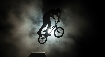 Obraz premium Silhouette of a BMX rider performing a jump, dramatic lighting and smoke.