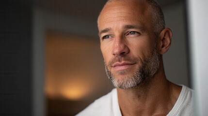 Fototapeta premium A contemplative man with a beard gazes thoughtfully in a softly lit room, conveying a sense of introspection and calm.