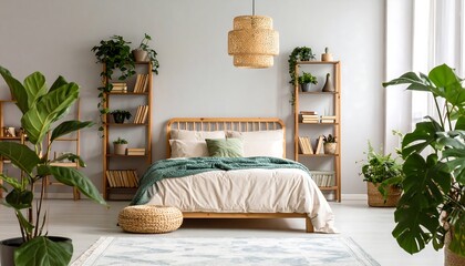 Modern bedroom with wooden furniture and plants