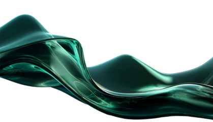 Liquid glass flows on a transparent background in the form of a transparent, iridescent, shiny, wide green wave. For designers, marketers. Popular image, illustration, object.
