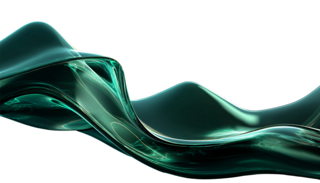 Liquid glass flows on a transparent background in the form of a transparent, iridescent, shiny, wide green wave. For designers, marketers. Popular image, illustration, object.
