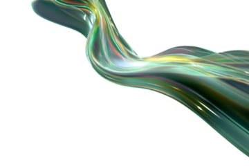 Liquid glass flows on a transparent background in the form of a transparent, iridescent, shiny, wide green wave. For designers, marketers. Popular image, illustration, object.