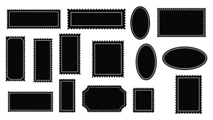 Set of Black Blank Postage Stamps with Decorative Edges, Assorted Shapes