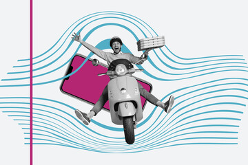 Image full pop trend collage of happy man courier worker carry pizza box cafe order fast moped delivery service merchandise
