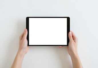 Female hands holding a modern tablet with a blank white screen over a clean white background ideal for showcasing app design or presentation layouts