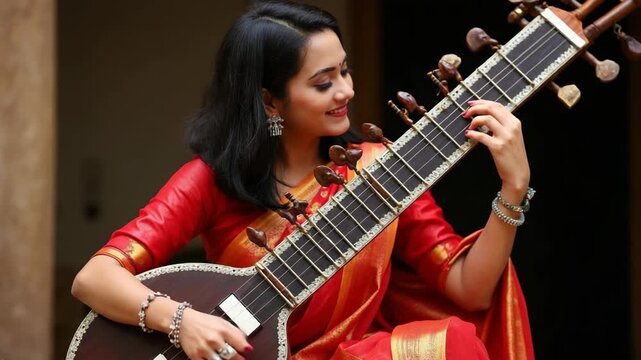 Indian woman in traditional Sari clothing Playing the Sitar..