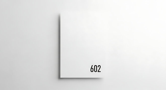 Minimalist White Rectangular Sign Displaying Number 602 with Shadow on Bright Background
