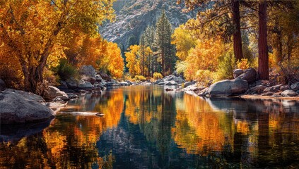 Calm autumn river reflecting vibrant golden and orange foliage of trees lining its banks, nestled within a mountainous landscape