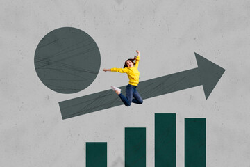 Collage with person observing rising arrow symbolizing startup growth business income statistics...