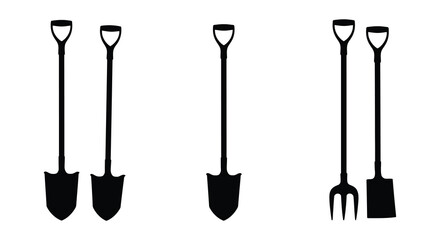 Black silhouettes of shovels and garden forks on white background