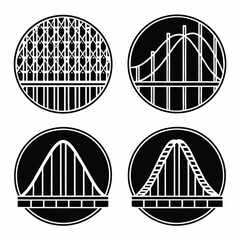 Set of roller coaster and bridge circular icons. Black and white vector logo templates for amusement or construction.

