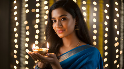 Beautiful Indian woman celebrating Diwali with traditional oil lamp, light and hope for the new year