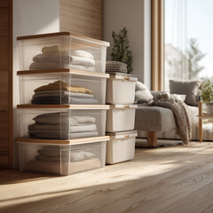 정리된 수납 박스와 접힌 의류