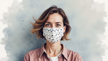 Middle-aged female colleague wearing a patterned mask with a confident gaze on a textured background