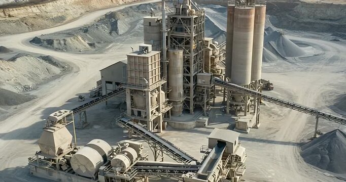 Industrial cement plant with machinery and gravel piles