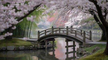 Fototapeta premium Serene Garden Bridge Surrounded by Blooming Cherry Blossoms and Tranquil Waters