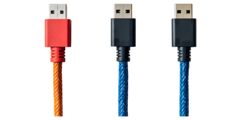 Three usb cables with red, black, and blue isolated on transparent background