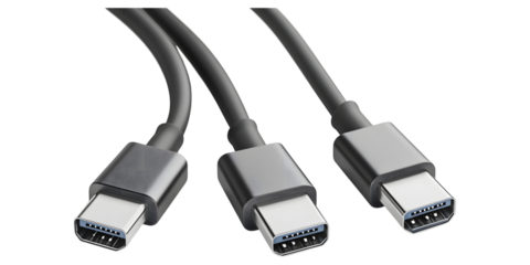 Three usb typec cables isolated on transparent background