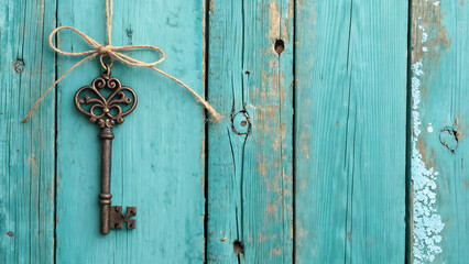 The key has an ornate bow with a rectangular shape and a simple, elongated shaft leading to a classic bit. Next to the key is a wooden tag attached by a metal loop..