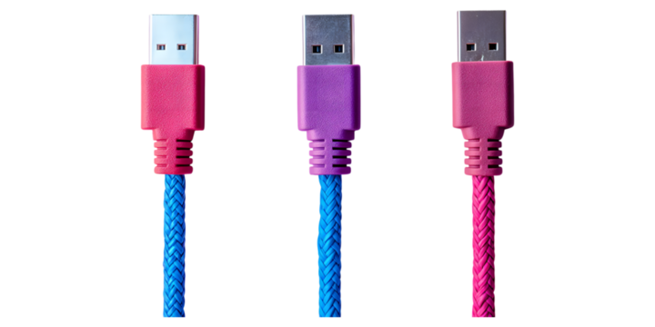 Three colorful usb cables isolated on transparent background