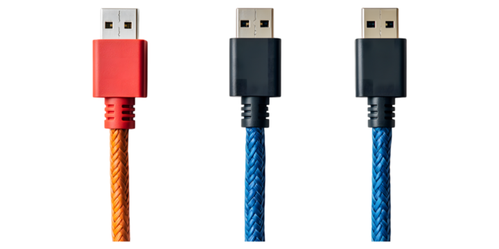 Three usb cables with red, black, and blue isolated on transparent background