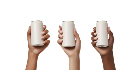 Three hands holding white cans isolated on transparent background