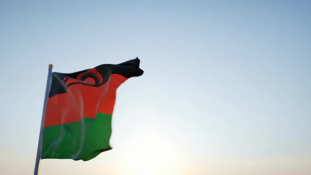 Malawi Flag Waving in the Wind at Sunset