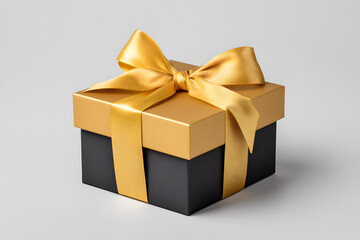 Obraz premium Elegant black square gift box with golden ribbon on white background. Perfect for luxury branding, celebration visuals, or holiday product packaging mockups.