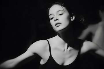Naklejka premium Black and white image of female dancer moving through light and shadow. Artistic portrayal of emotion, movement, and dramatic contrast in dance.