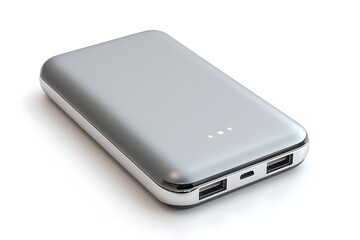 Sleek silver portable power bank with dual USB ports and charging indicator lights, essential for modern travel and on-the-go connectivity.