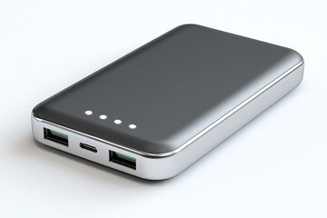 Sleek modern portable power bank with USB C and multiple USB ports, indicating battery life with glowing indicator lights on a clean white background
