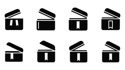 Vector illustration set of open gift boxes with ribbons, depicting various angles and states of unboxing or delivery, perfect for icons and symbols