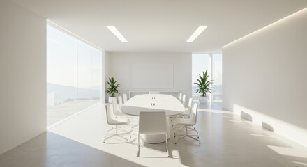 Fototapeta premium Modern Bright Conference Room With Large Oval Table White Chairs And Floor To Ceiling Windows Overlooking Water