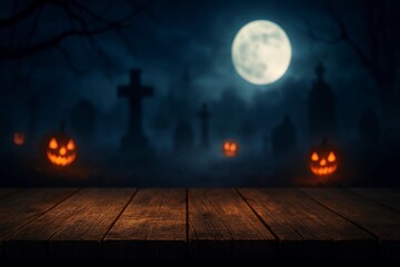 Spooky halloween night with pumpkins and wooden table
