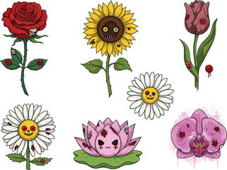 Creepy flowers with skull faces, horror-themed botanical vector illustration featuring sinister petals, spooky stems, and eerie floral character designs