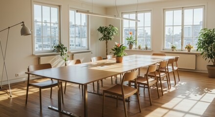 Fototapeta premium Bright and Spacious Meeting Room with Large Windows and Natural Light Offering a Pleasant Work Environment