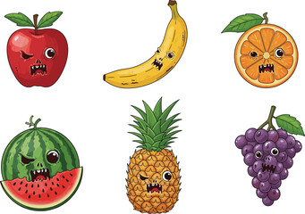 Funny cartoon illustration of scary fruits with angry monster faces, cute expressions, spooky eyes, comic style vector art for design.