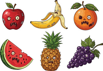 Funny cartoon illustration of scary fruits with angry monster faces, cute expressions, spooky eyes, comic style vector art for design.