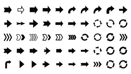 Versatile collection of black arrow icons and refresh symbols for web design, user interface, navigation, and creative graphic projects, offering diverse directional indicators and control elements