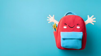 Scool backpack with smiling face and cartoon arms on blue background. Friendly and playful children’s design ideal for preschool promotions and back-to-school campaigns.