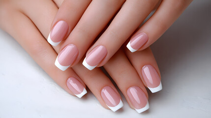 Naklejka premium Classic French manicure with natural pink base and white tips, elegant nail art for timeless style.