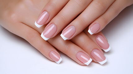 Naklejka premium Close-up of female hands with elegant French manicure, showcasing beauty, nail care, and professional salon style.