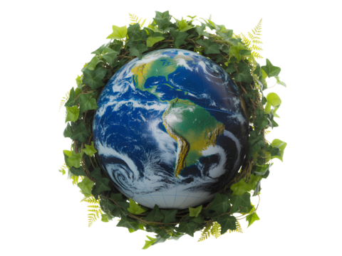 Earth Globe Surrounded by Green Ivy Leaves planet world isolated on a transparent background