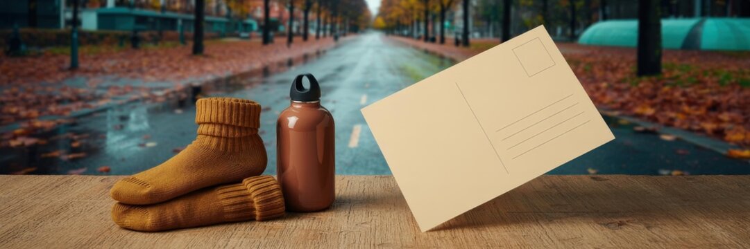 Cozy autumn gift set &mdash; close-up fall lifestyle stilllife mustard wool socks & eusable brown metal water ottle blank beige postcardwooden table, blurred wet ree-lined avenue & fallen eaves background, 