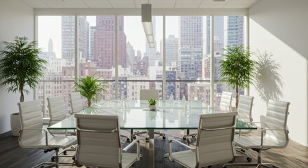 Fototapeta premium Modern Office Meeting Room With Cityscape View and Comfortable White Chairs
