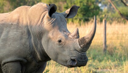 Close Up Of Endangered Rhino In Fenced Conservation Area