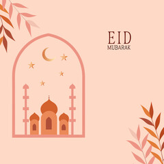 Eid mubarak greeting with islamic architecture and celestial elements